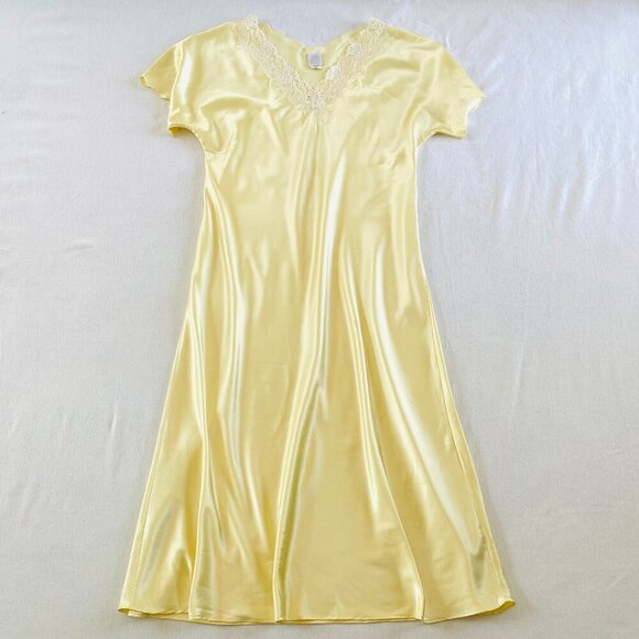 Natori satin lace night dress Medium butter yellow vintage midi maxi luxury - Picture 1 of 10